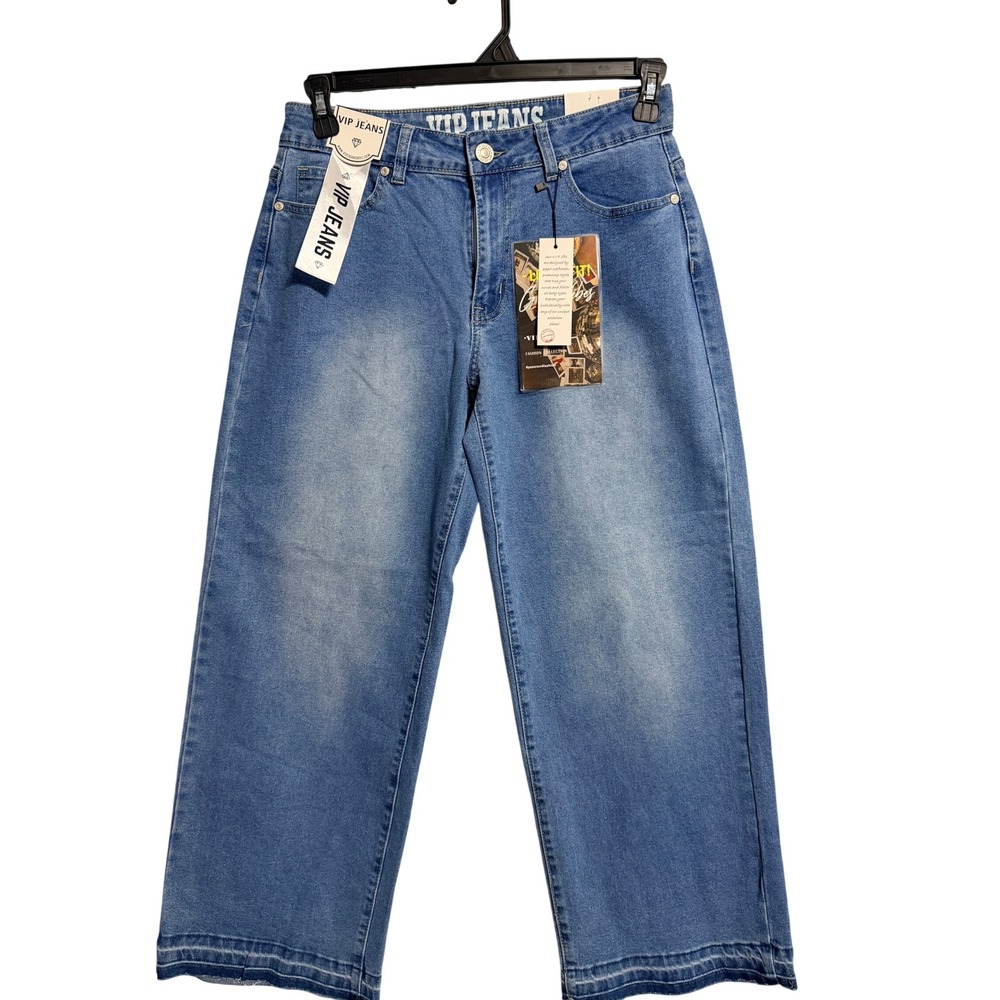VIP Jeans Womens 9/29 Blue Medium Wash Wide Leg Crop Raw Hem Sculpting Stretch